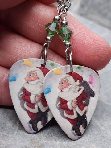 Santa Claus and His Pack Guitar Pick Earrings with Green Swarovski Crystals