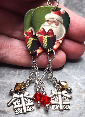 Santa Claus with Gifts Guitar Pick Earrings with Gift Charms and Swarovski Crystal Dangles
