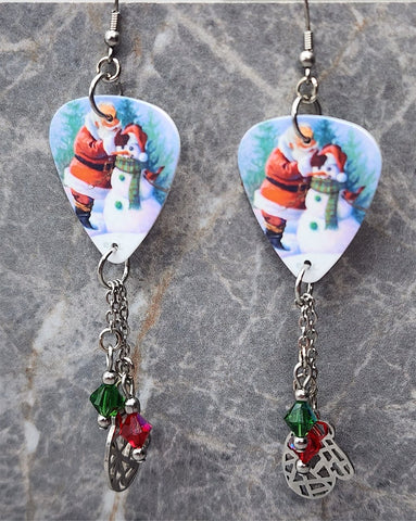 Santa Making a Snowman Scene Guitar Pick Earrings with Large Mitten and Swarovski Crystal Dangles
