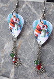 Santa Making a Snowman Scene Guitar Pick Earrings with Large Mitten and Swarovski Crystal Dangles