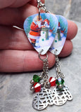 Santa Making a Snowman Scene Guitar Pick Earrings with Large Mitten and Swarovski Crystal Dangles