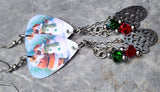 Santa Making a Snowman Scene Guitar Pick Earrings with Large Mitten and Swarovski Crystal Dangles