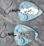 Snowman Stainless Steel Charm on Blue Wavey Lines Guitar Pick Earrings