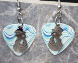 Snowman Stainless Steel Charm on Blue Wavey Lines Guitar Pick Earrings