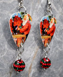 Santa Claus with Poinsettias Guitar Pick Earrings with Red and Green Striped Pave Bead Dangles