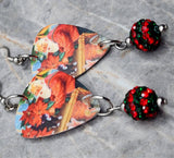 Santa Claus with Poinsettias Guitar Pick Earrings with Red and Green Striped Pave Bead Dangles