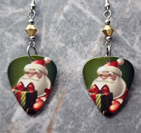 Santa Claus with Gifts Guitar Pick Earrings with Metallic Gold Swarovski Crystals