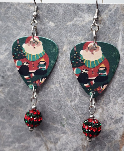 Vintage Style Santa Claus Guitar Pick Earrings with Red and Green Striped Pave Bead Dangles