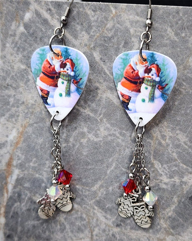 Santa Making a Snowman Scene Guitar Pick Earrings with Mitten Charms and Swarovski Crystal Dangles