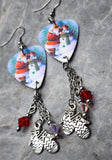 Santa Making a Snowman Scene Guitar Pick Earrings with Mitten Charms and Swarovski Crystal Dangles