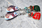 Santa Claus and His Huge Pack Guitar Pick Earrings with Charm and Swarovski Crystal Dangles