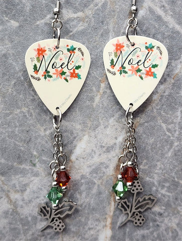 Noel Guitar Pick Earrings with Holly Charms and Swarovski Crystal Dangles