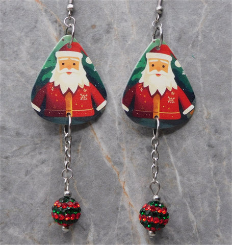 Santa Claus Guitar Pick Earrings with Red and Green Striped Pave Bead Dangles