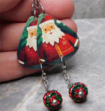 Santa Claus Guitar Pick Earrings with Red and Green Striped Pave Bead Dangles