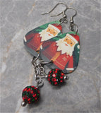 Santa Claus Guitar Pick Earrings with Red and Green Striped Pave Bead Dangles