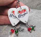 Feliz Navidad Guitar Pick Earrings with Swarovski Crystal Dangles