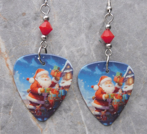 Santa Claus with Gifts Guitar Pick Earrings with Opaque Red Swarovski Crystals