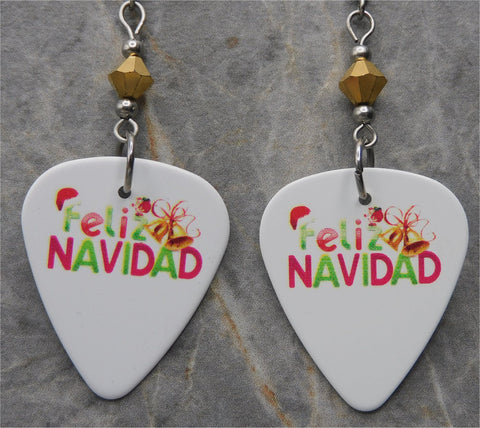 Feliz Navidad Guitar Pick Earrings with Metallic Gold Swarovski Crystals