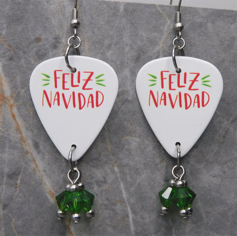 Feliz Navidad Guitar Pick Earrings with Green Swarovski Crystal Dangles