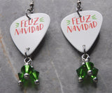 Feliz Navidad Guitar Pick Earrings with Green Swarovski Crystal Dangles