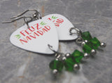 Feliz Navidad Guitar Pick Earrings with Green Swarovski Crystal Dangles