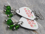 Feliz Navidad Guitar Pick Earrings with Green Swarovski Crystal Dangles