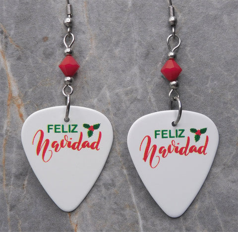 Feliz Navidad Guitar Pick Earrings with Opaque Red Swarovski Crystals