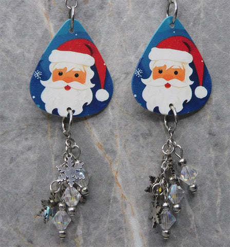 Santa Claus Guitar Pick Earrings with Stainless Steel Snowflake Charms and Clear AB Swarovski Crystal Dangles