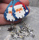 Santa Claus Guitar Pick Earrings with Stainless Steel Snowflake Charms and Clear AB Swarovski Crystal Dangles