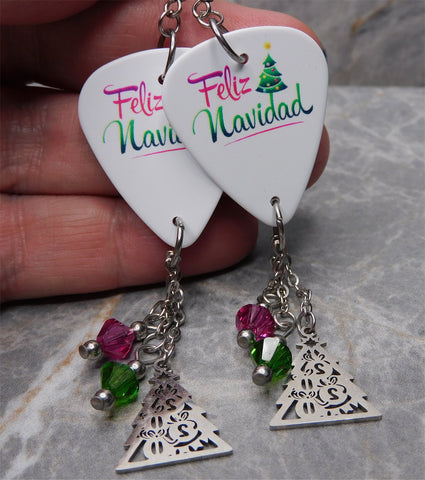 Feliz Navidad Guitar Pick Earrings with Christmas Tree Charms and Swarovski Crystal Dangles