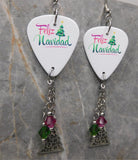 Feliz Navidad Guitar Pick Earrings with Christmas Tree Charms and Swarovski Crystal Dangles