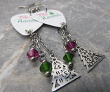 Feliz Navidad Guitar Pick Earrings with Christmas Tree Charms and Swarovski Crystal Dangles