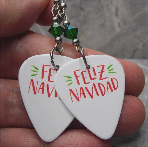 Feliz Navidad Guitar Pick Earrings with Green AB Swarovski Crystals