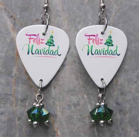 Feliz Navidad Guitar Pick Earrings with Green AB Swarovski Crystal Dangles