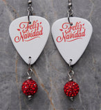 Feliz Navidad Guitar Pick Earrings with Red Pave Bead Dangles