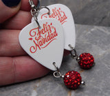 Feliz Navidad Guitar Pick Earrings with Red Pave Bead Dangles