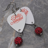 Feliz Navidad Guitar Pick Earrings with Red Pave Bead Dangles