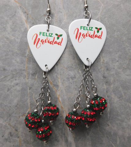 Feliz Navidad Guitar Pick Earrings with Red and Green Striped Pave Bead Dangles