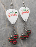 Feliz Navidad Guitar Pick Earrings with Red and Green Striped Pave Bead Dangles