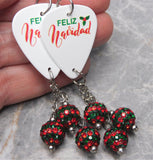 Feliz Navidad Guitar Pick Earrings with Red and Green Striped Pave Bead Dangles