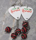 Feliz Navidad Guitar Pick Earrings with Red and Green Striped Pave Bead Dangles