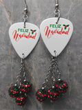 Feliz Navidad Guitar Pick Earrings with Red and Green Striped Pave Bead Dangles