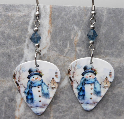 Beautiful Snowman Scene Guitar Pick Earrings with Denim Blue Swarovski Crystals