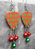 Christmas Red and Green Argyle Guitar Pick Earrings with Jingle Bell Dangles