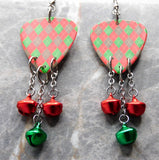 Christmas Red and Green Argyle Guitar Pick Earrings with Jingle Bell Dangles