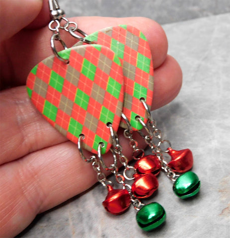 Christmas Red and Green Argyle Guitar Pick Earrings with Jingle Bell Dangles