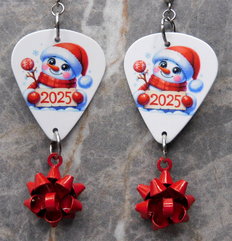 Christmas 2025 Snowman Guitar Pick Earrings with Red Christmas Bow Dangles