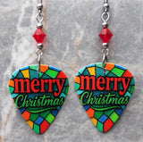 Stained Glass Style Merry Christmas Guitar Pick Earrings with Red Swarovski Crystals
