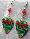 Stained Glass Style Merry Christmas Guitar Pick Earrings with Red Swarovski Crystals