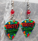 Stained Glass Style Merry Christmas Guitar Pick Earrings with Red Swarovski Crystals